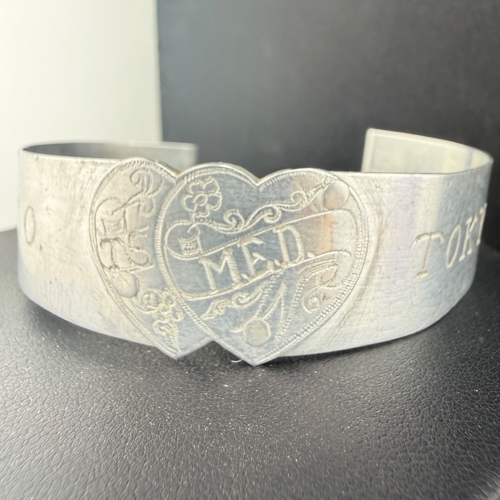 Vintage Estate Trench Art Bracelet Silver Tone WWII Sweetheart Tokyo Cuff 7.5